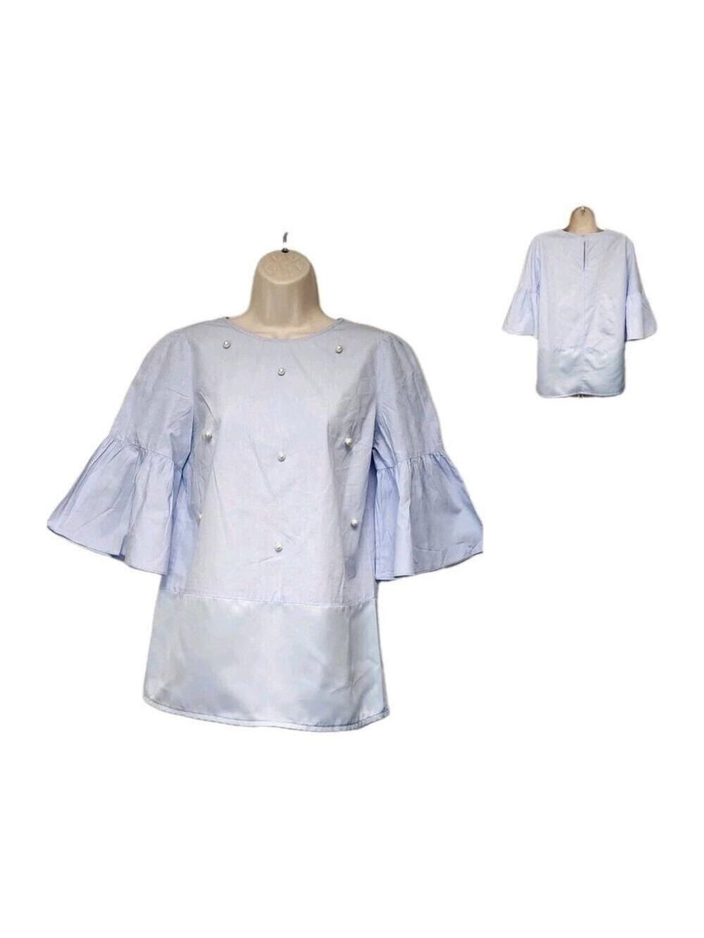 Zara Pearl Basic Blue 3/4 Bell Sleeve Round Neck Blouse Medium